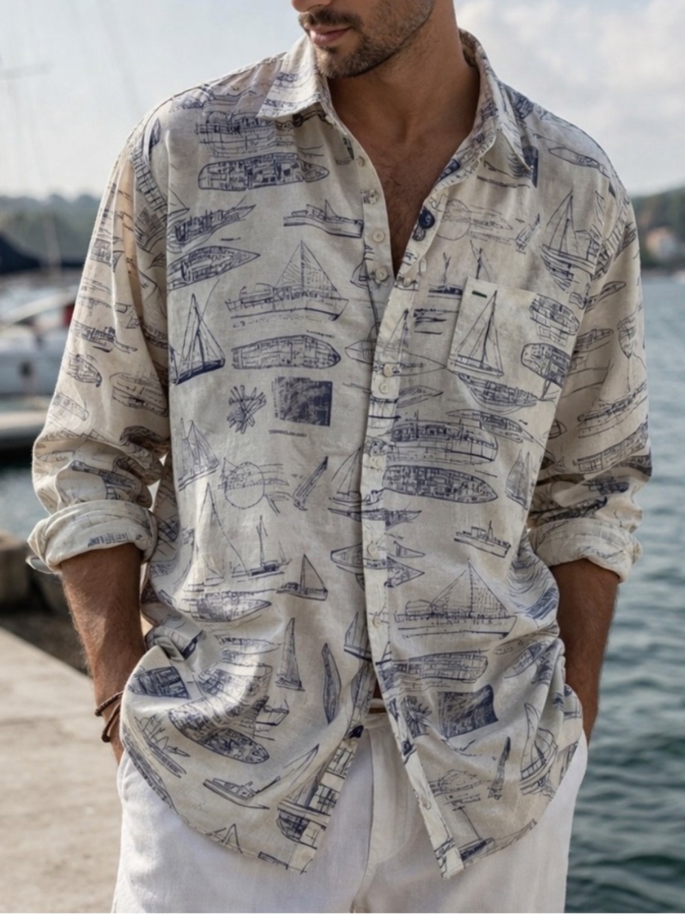 Tommy Hilfiger Nautical Boat Print Linen Shirt